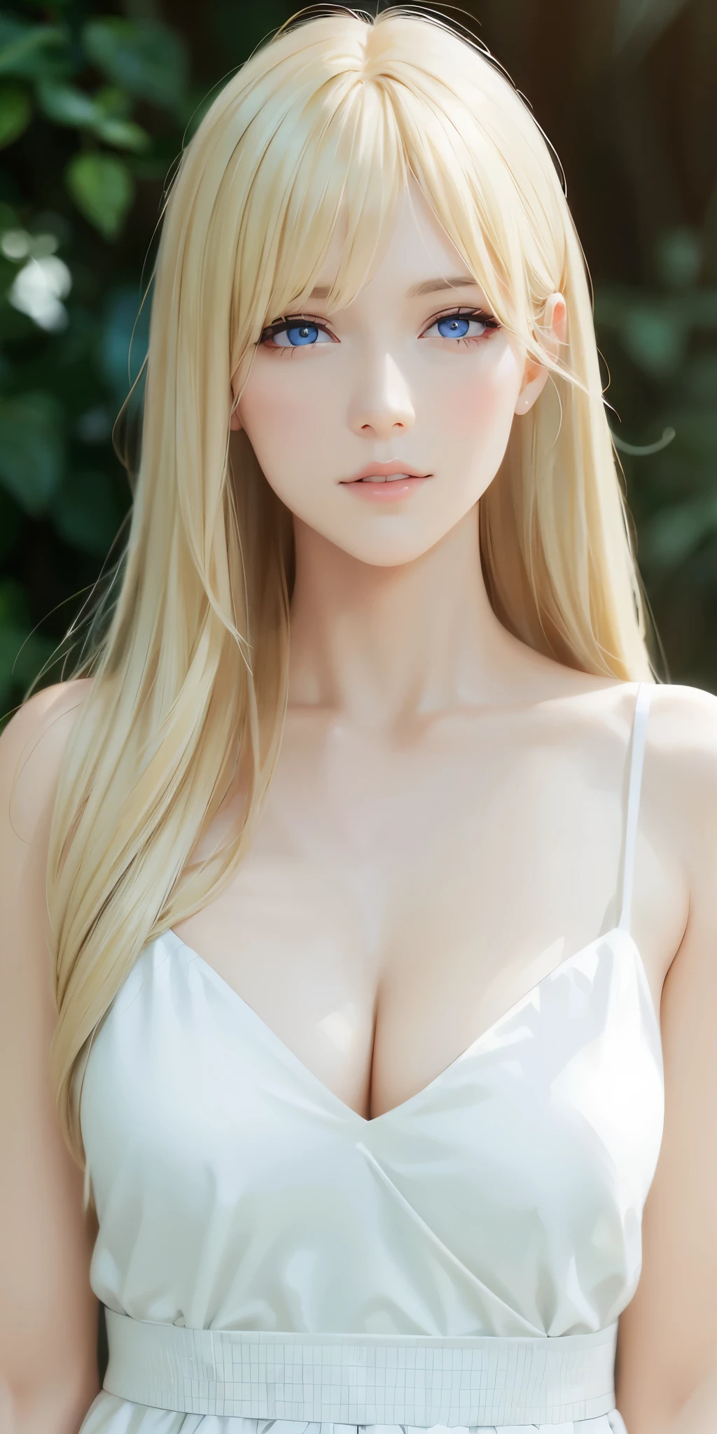 Upper body, gorgeous adult woman, long neck, long blonde hair, bangs, casual outfit, cleavage, blue eyes, soft light, high quality, 4k resolution