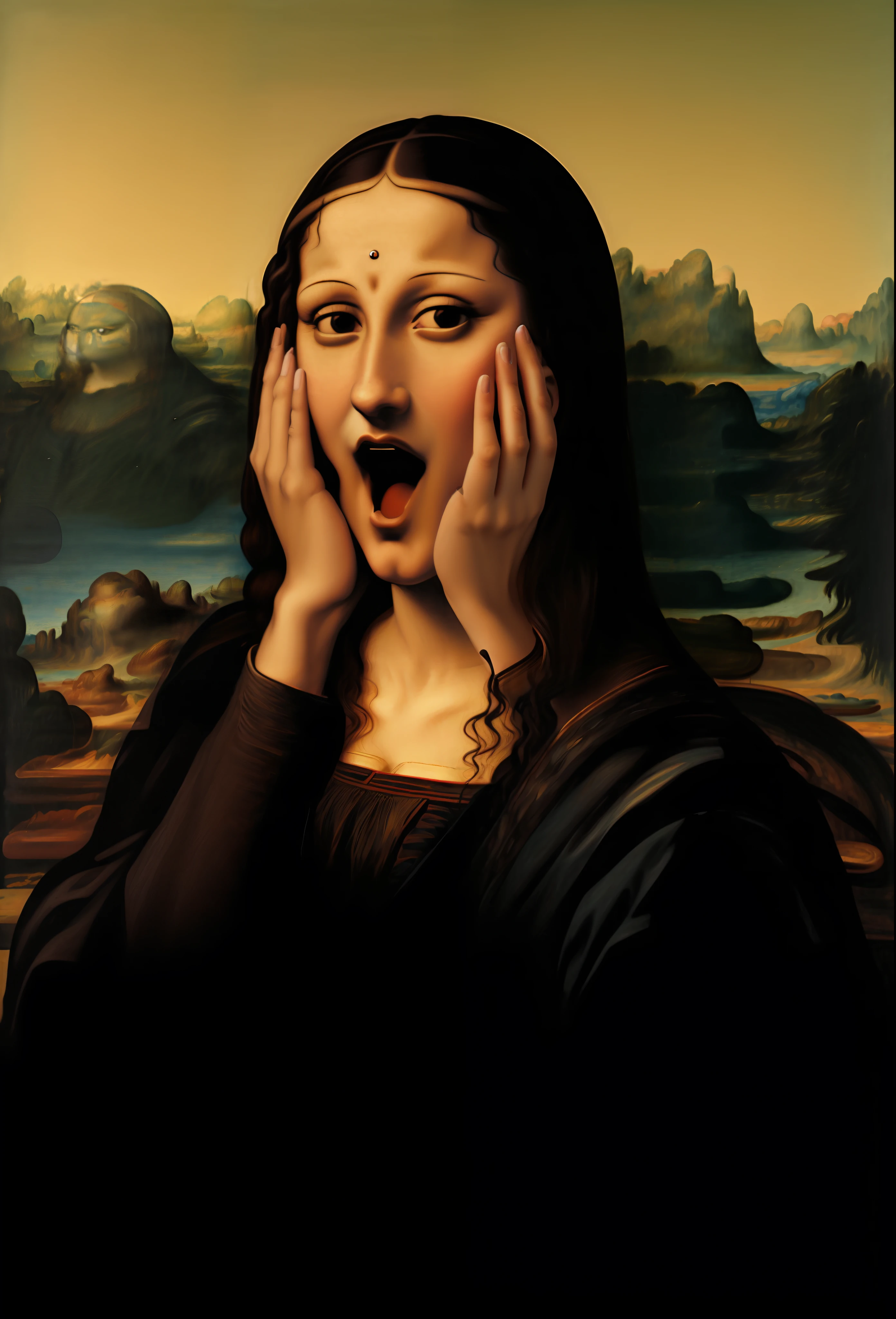 Painting of a woman with a surprised expression putting her hands to her face., El cuadro del grito, El grito, ((Una Mona Lisa)), mona lisa as a goth girl., Mona Lisa, Estilo Mona Lisa, gritos. not realistc, Pintura de Mona Lisa, pintura de terror, horrified expression, gritar, Pintura de la Mona Lisa, pose negativa no no mona lisa, Mona Lisa
