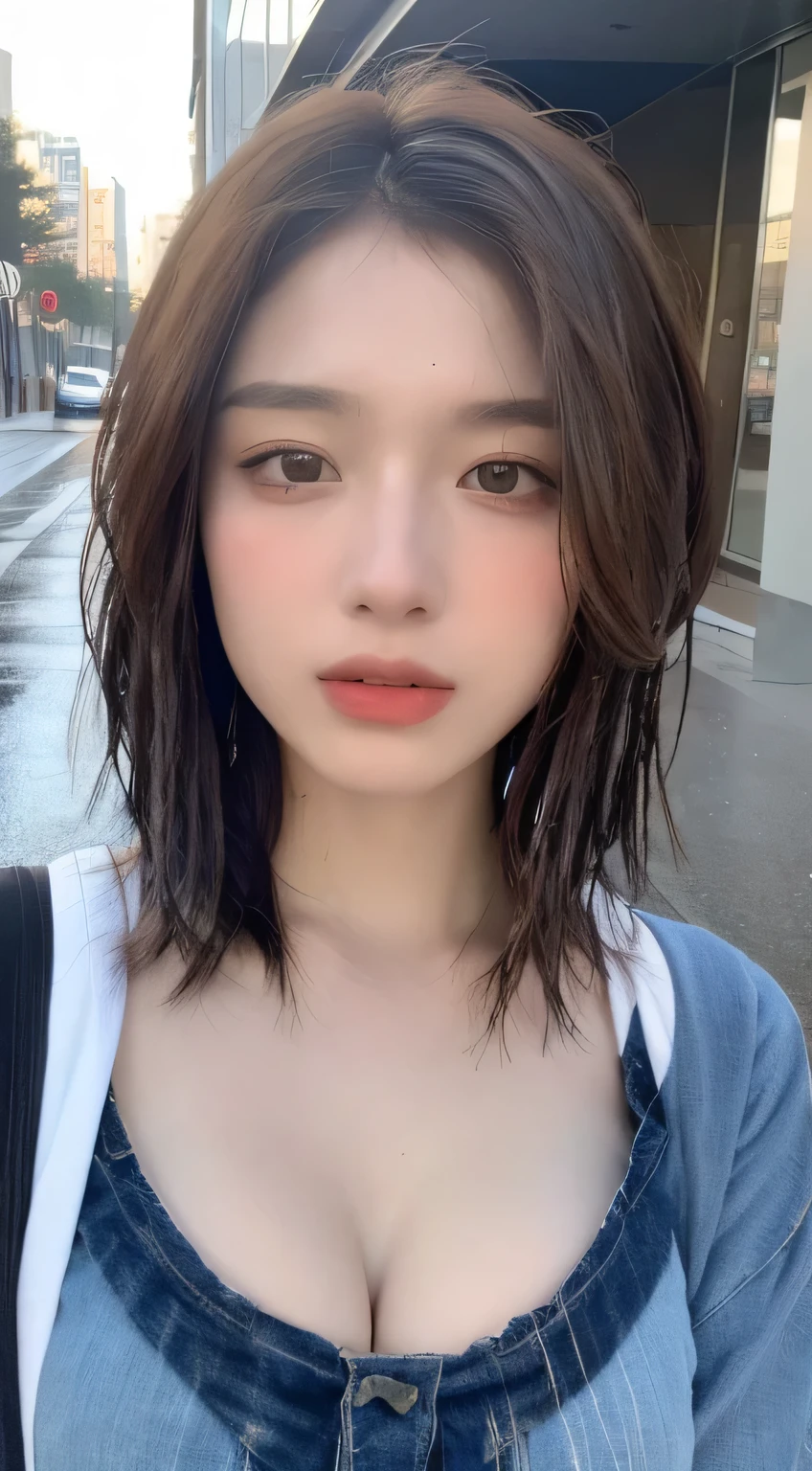 ((best quality, 8k, masterpiece:1.3)), Key Points: 1.2, Perfect body beauty: 1.4, Hips: 1.2, ((Layered Hairstyle, breast: 1.2)), (Wet clothes: 1.1) , (rain, street:1.3), Bandeau dress: 1.1, Highly detailed face and skin texture, Delicateeyes, Double eyelids, Whitens skin, Long hair