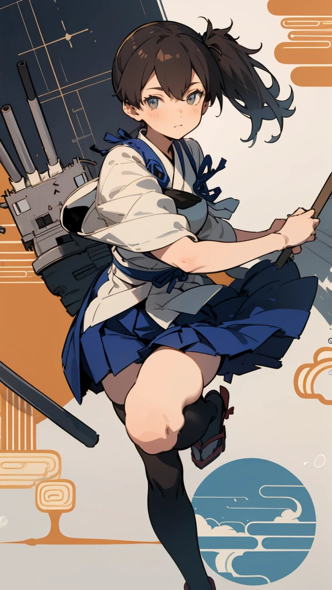 (masterpiece, highest quality) detailed, kaga (kancolle), {{kaga kai ni (kancolle)}}, side ponytail, brown eyes, black long hair, black thighhighs, short skirt, hakama skirt, japanese clothes, , blue hakama, hakama, muneate, tasuki, whole body,Chinese element pattern,thigh,Japanese bow, bow