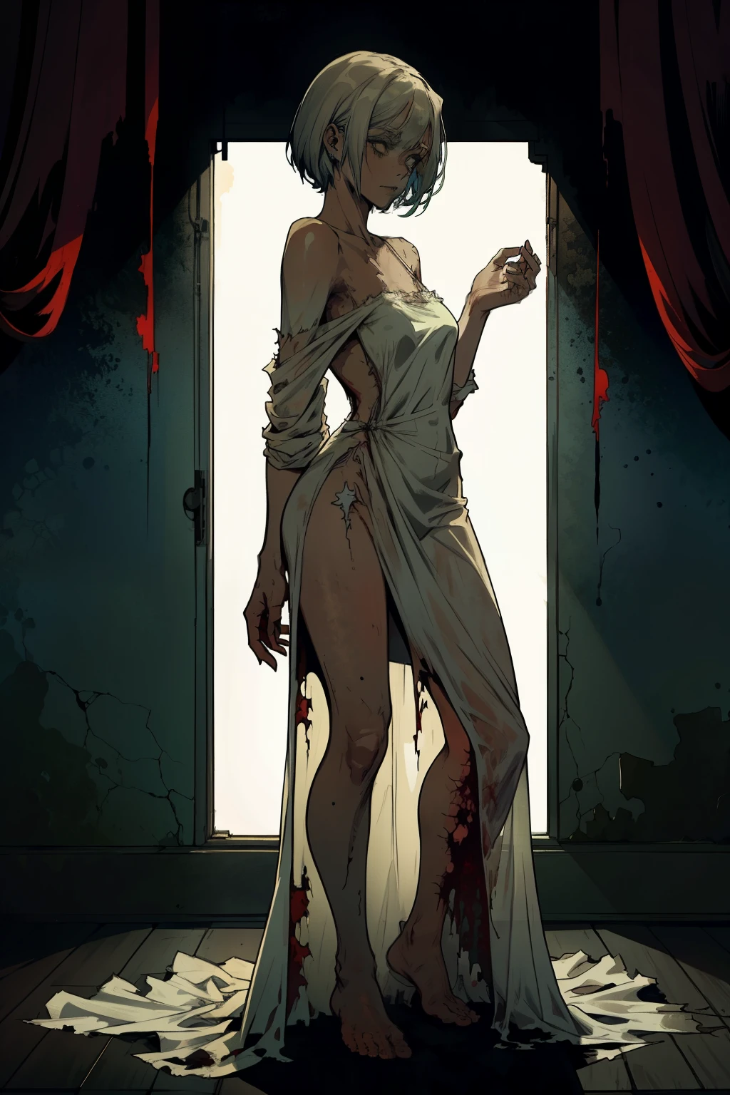 zombie, living Dead , living Dead girl , short hair , torn long dress , living Dead girl , Whole body , living Dead , Long torn white dress , Long and wide dress , shroud, at night , Torn dress , living Dead features , sexual body , sexual , unfocused look, She stands directly in front of the viewer, with hands down