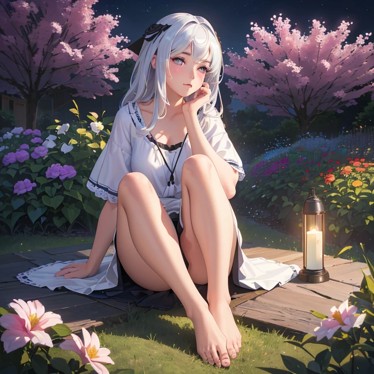 (best quality,4k,8k,highres,masterpiece:1.2),ultra-detailed,(realistic,photorealistic,photo-realistic:1.37),illustration,soft lighting,a girl with white hair,deep purple eyes,glowing eyes,sitting down,barefoot,face blushing,in a garden at night,flowers.