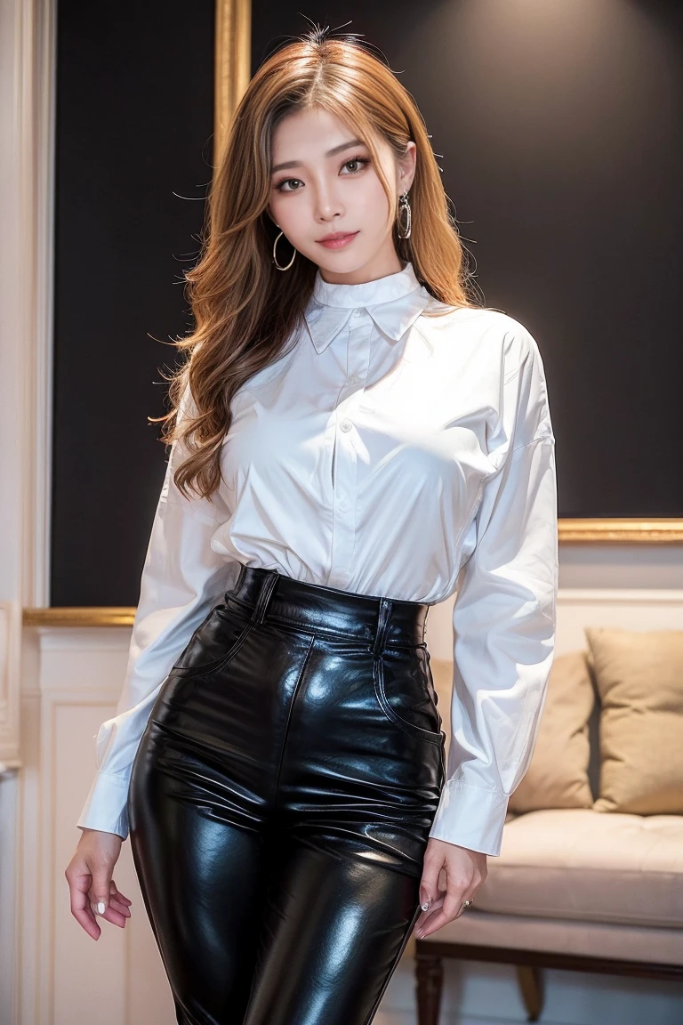 an asian girl,a mature female,own,Black leather trousers,Tight leather trousers,White collared shirt(white shirt),tiese,Black red soled high heeltremely delicate and beautiful work:1.2)A very beautiful girl,perfect figure example,Tight body shape,Plump,Perfect body curves,of the skin,Clear and refined skin texture(Advanced skin details:1.1)Flawless Korean idol face,perverted grin,A head of light golden wavy hair,Clear and fine hair texture(Premium hair details:1.1),exquisite eye makeup,Delicate eye details,Blue pupil(Advanced eye details:1.1)Best example of four fingers and one thumb,Tattooed with,Wearing earrings,choker necklace,Bracelet,Short leather pants series,OL series,of photographic works,BestWorks,best qualtiy,Super refined,Extremely high resolution,Full body photography