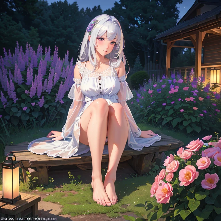 (best quality,4k,8k,highres,masterpiece:1.2),ultra-detailed,(realistic,photorealistic,photo-realistic:1.37),illustration,soft lighting,a girl with white hair,deep purple eyes,glowing eyes,sitting down,barefoot,face blushing,in a garden at night,flowers.