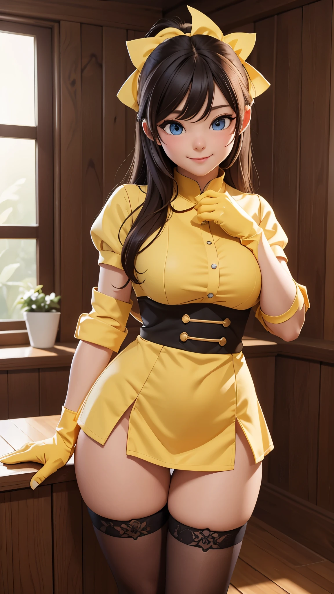 (Chen Xudong:1),astonishment,adolable,Cute pose,looking at viewert,thick thight,(Yellow gloves,striped thighhighs,Striped sleeves),1girll,ssmile,Exquisite facial features,Burger in hand,
(realisticlying:1.2), (hentail realism), (tmasterpiece:1.2), (best qualtiy), (Hyper-detailing), (8K, 4K, complex), (full body shot of:1),(cowboy lens:1.2), (85mm), light particules, illuminating, (highly details:1.2), (Detailed face:1.2), (Gradient), sfv, a color,(Detailed eyes:1.2),
(Detailed lady view,dining room:1.2),(detailedbackground),detailed scenic view,(dynamic angle:1.2),(dynamicposes:1.2),(third_composition:1.3),(Action lines:1.2),wide wide shot,rays of sunshine,solo,