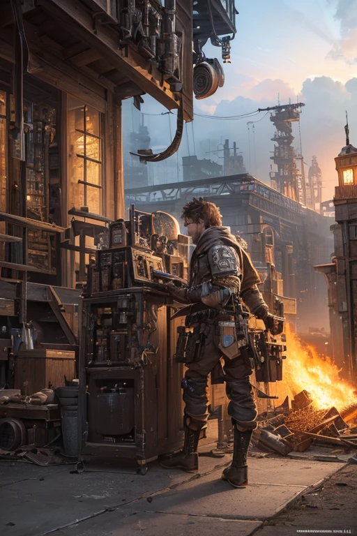 (best quality,4k,8k,highres,masterpiece:1.2),ultra-detailed,(realistic,photorealistic,photo-realistic:1.37), male ,tinkerer,dark fantasy,steampunk,protective goggles,mechanical,industrial,gritty,rough,metallic textures,vibrant colors,cogs and gears,steam-powered machines,atmospheric lighting,retro-futuristic technology.