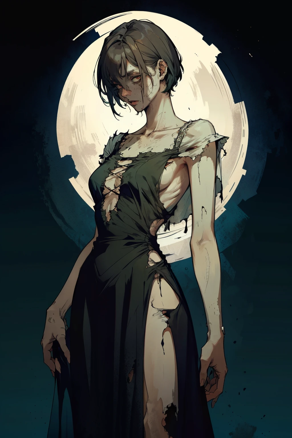 zombie, living Dead , living Dead girl , short hair , torn long dress , living Dead girl , Whole body , living Dead , Long torn white dress , Long and wide dress , shroud, at night , Torn dress , living Dead features , sexual body , sexual , unfocused look, She stands directly in front of the viewer, with hands down