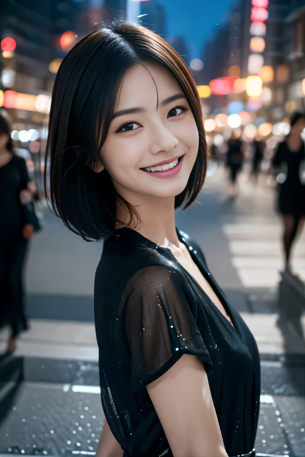 Sparkling night view、Chic black dress、挑発的なsmile、Beautiful Japanese actresses、Look Down, Close your eyes and smile、Mouth closed、short hair、Erotic fashion、smile、Beautiful Japanese actresses、(Genuine、フォトGenuine)、Beautiful Japanese actresses、short hair、Sakimi-chan、Cinema Lights, Genuineisticlying, highest quality, Complex CGI,Highly detailed face,Eye for detail,