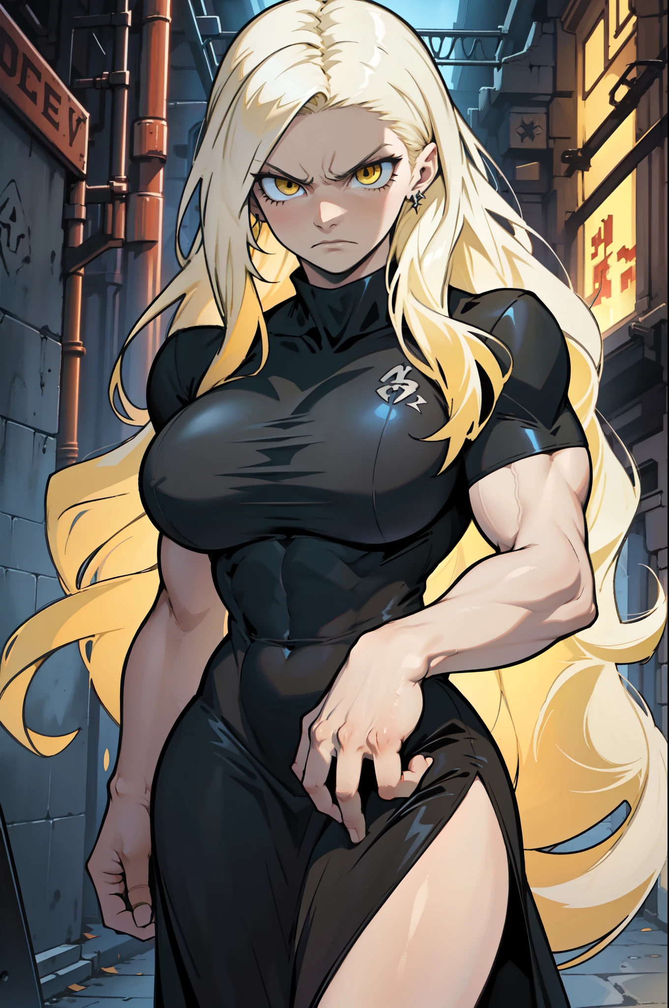 pale skin muscular toned body bodybuilder huge breasts silvery blonde hair yellow eyes angry 1girl long black dress cowboy shot very long hair kingdom hall background dark atmosphere