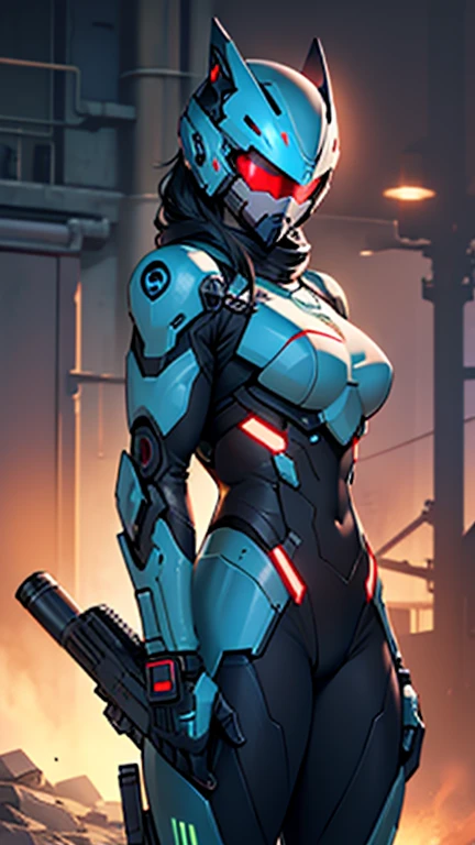 Mobile cybernetic battlesuit for female with full-face helmet looking at camera with guns detailed muscles realistic masterpieces dynamic poses 