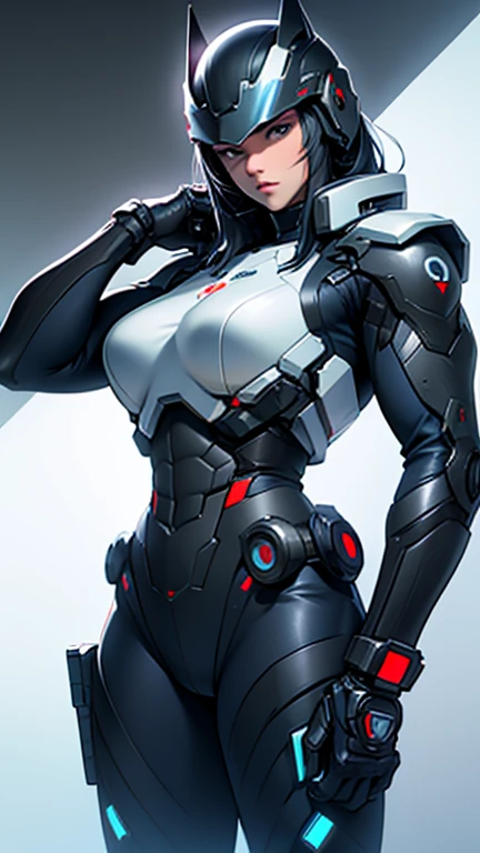 Mobile cybernetic battlesuit for female with closed full-face helmet looking at camera with guns detailed muscles realistic masterpieces dynamic poses