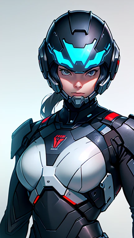 Mobile cybernetic battlesuit for female with full-face helmet looking at camera with guns detailed muscles realistic masterpieces dynamic poses