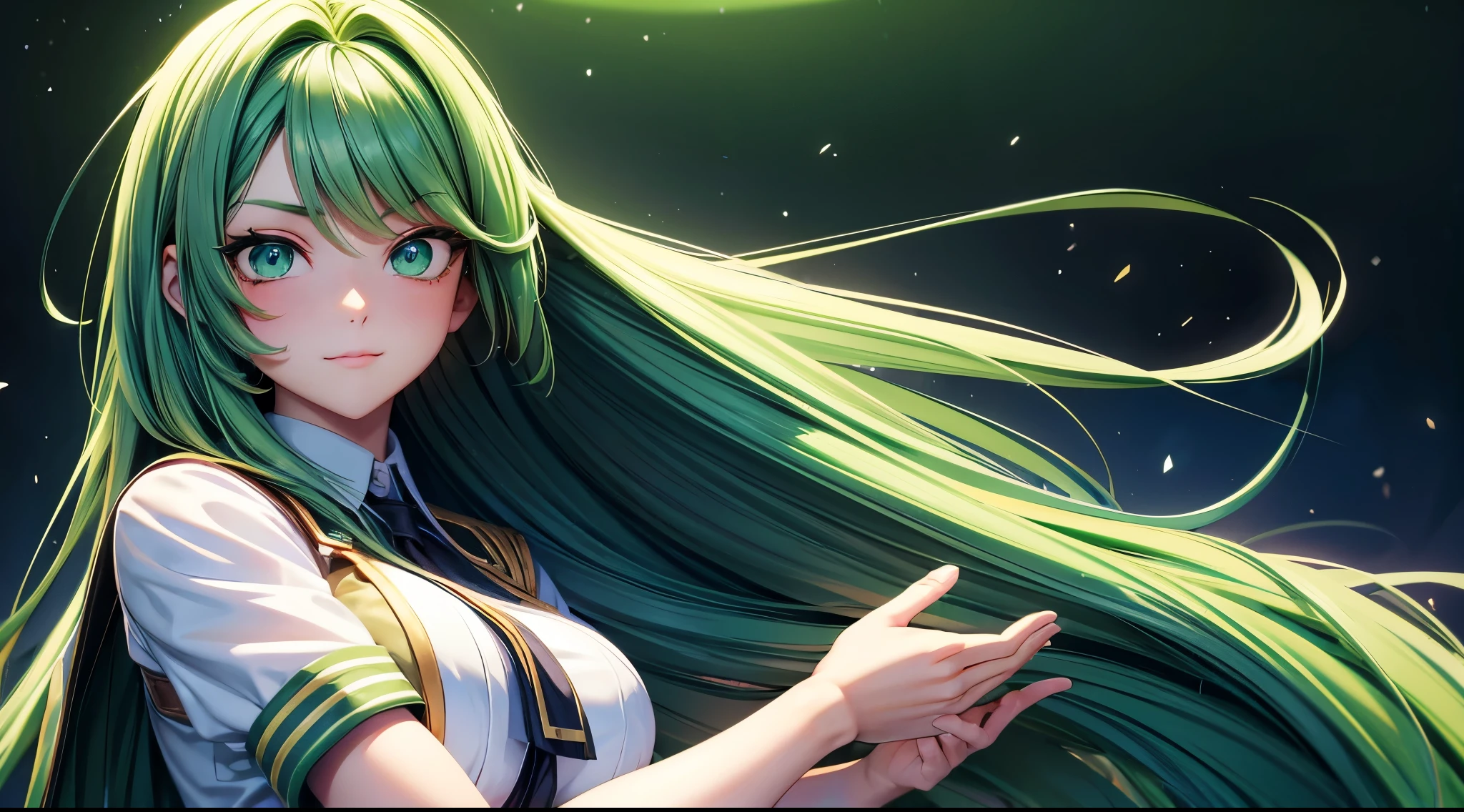Extremely beautiful girl, green hair, long hair, bright green eyes, Green high school girl uniform, huge breasts, Tugging a guy's arm seductively, good quality, masterpiece, Beautiful eyes, Detailed eyes, Big eyes, Visual novel game style