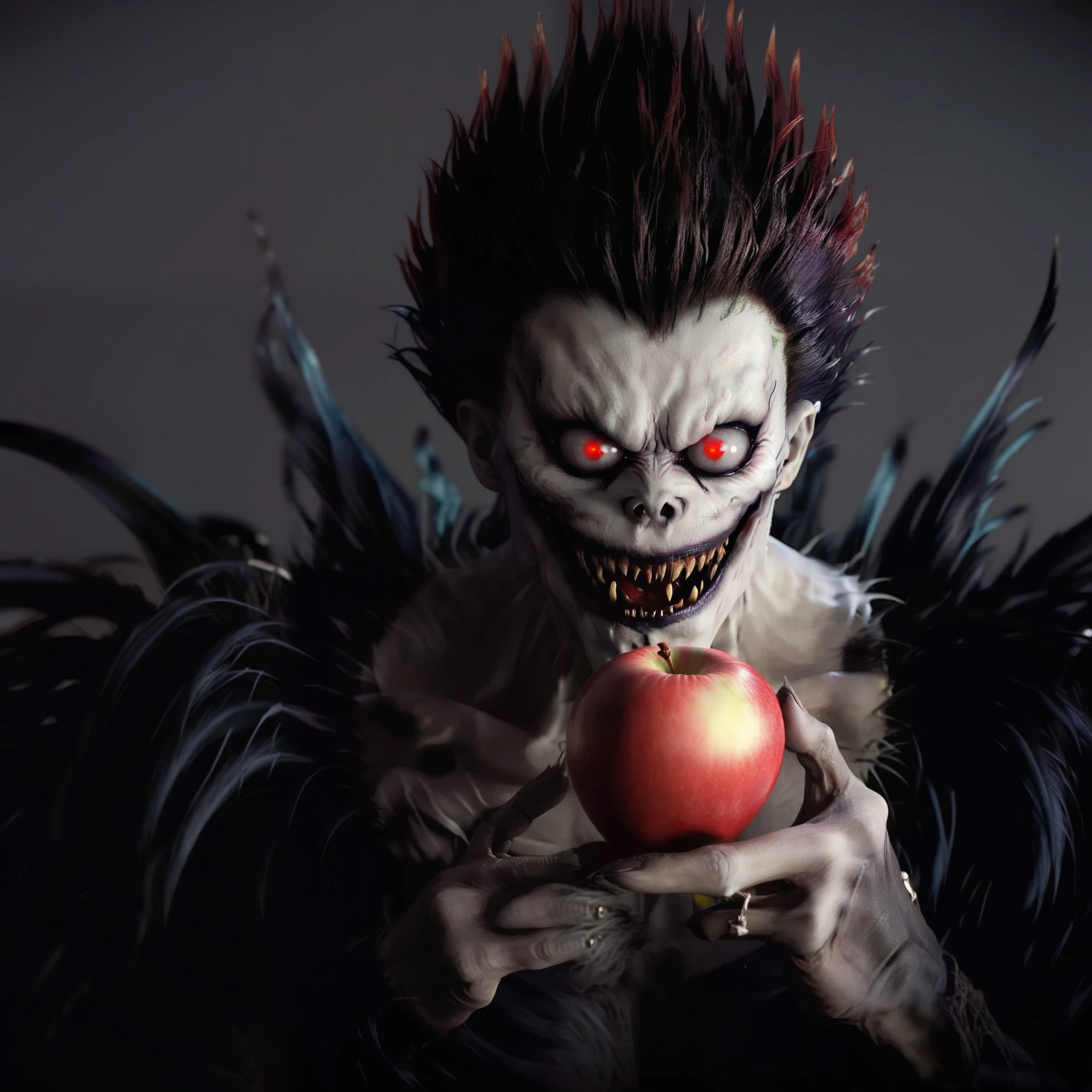 Ryuk1024, a demon, eating a red apple, highly detailed, photography, ultra sharp, film, bokeh, professional, on a white background