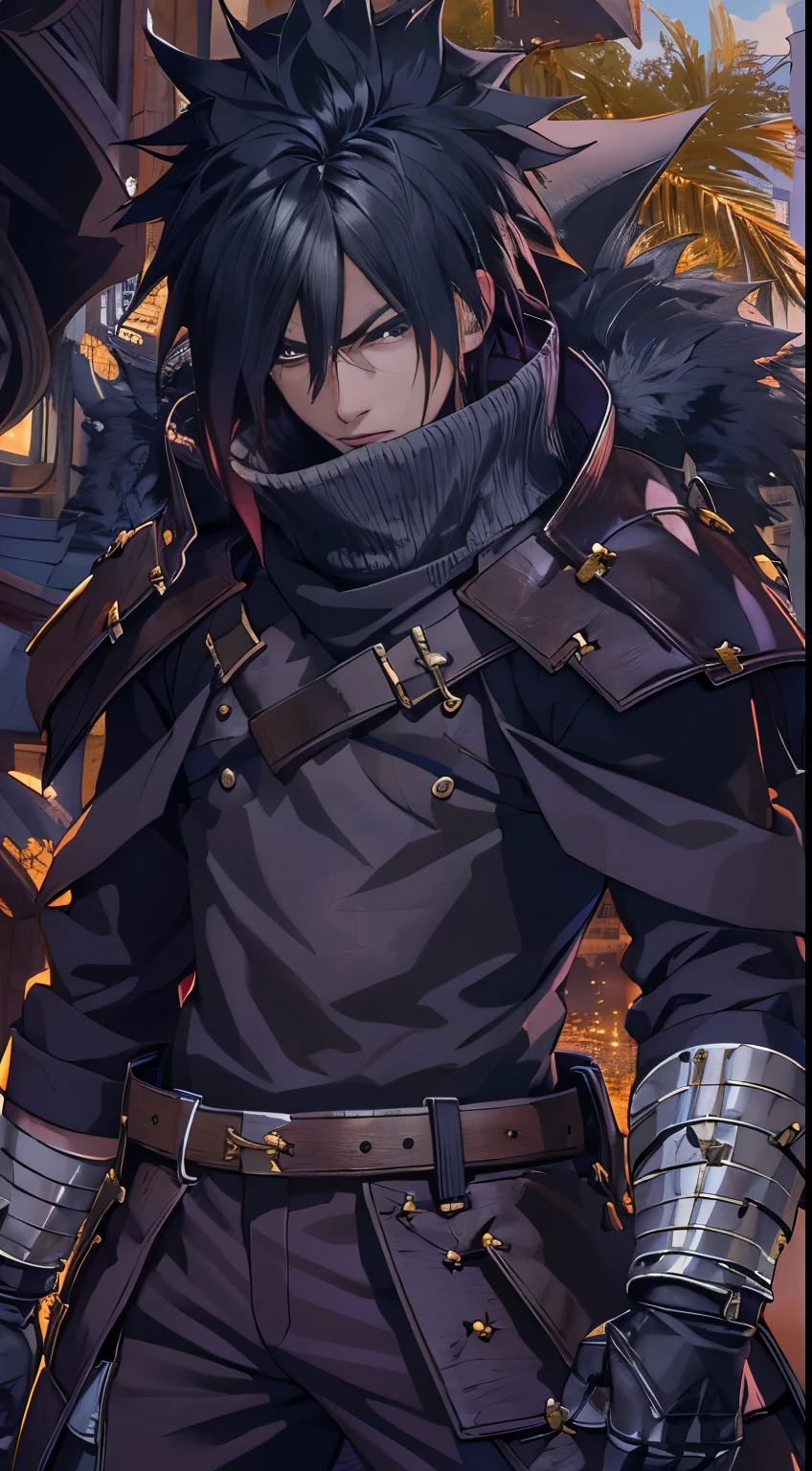 (Masterpiece, Best quality:1.2), Cowboy shot, Solo, Male focus, 1boys,madara uchiha, Serious, view the viewer, Black spiked hair, Black eyes, Armor, whitegloves