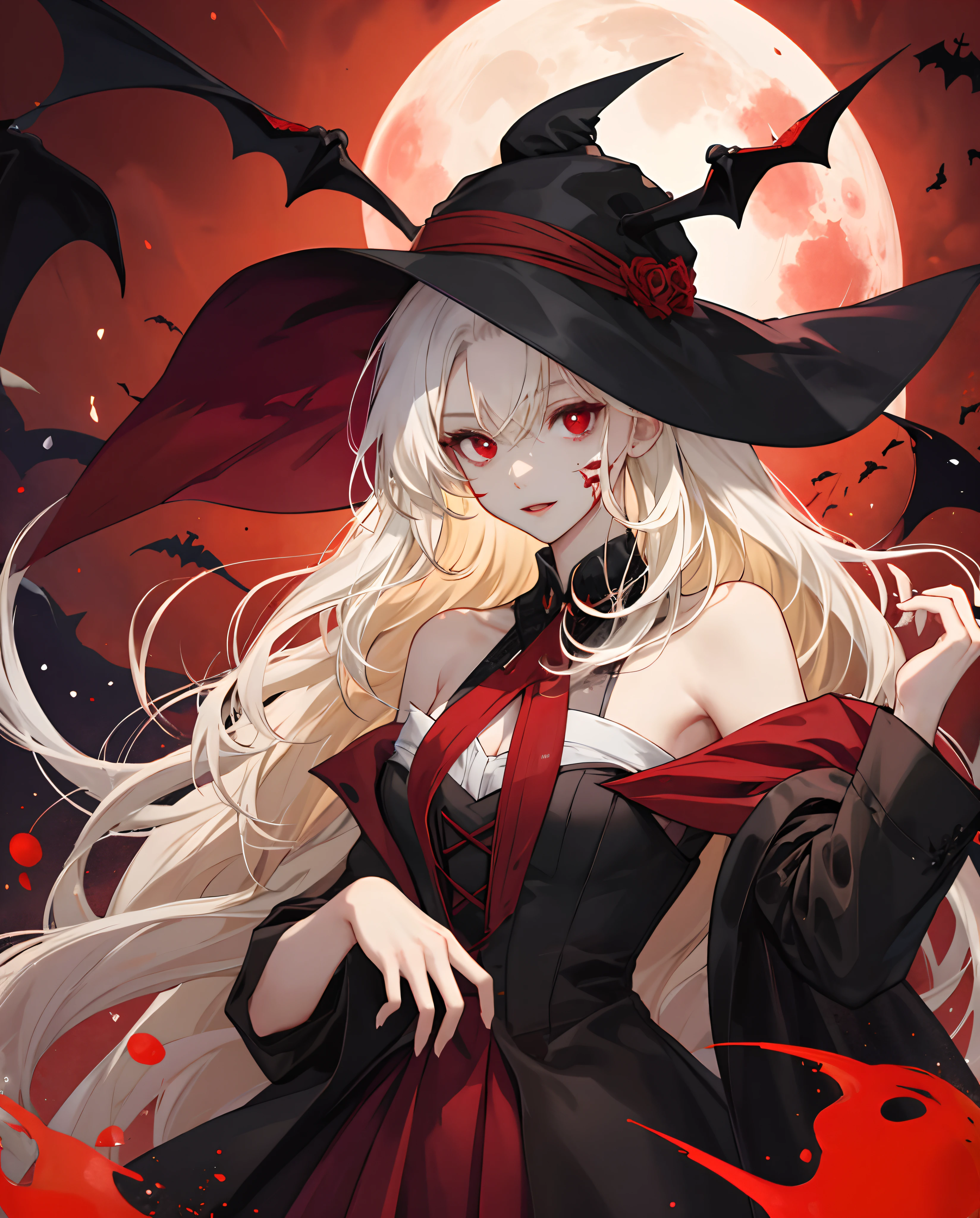 Garota morcego com longos olhos vermelhos e cabelos brancos、doress、lua Vermelha Blonde Girl One、olhos vermelhos、vampiro、doress、fora dos ombros、lua Vermelha、meia-noite、smoking preto、devolver sangue、Chuva de sangue、sangue、pools of blood、Loira Longa