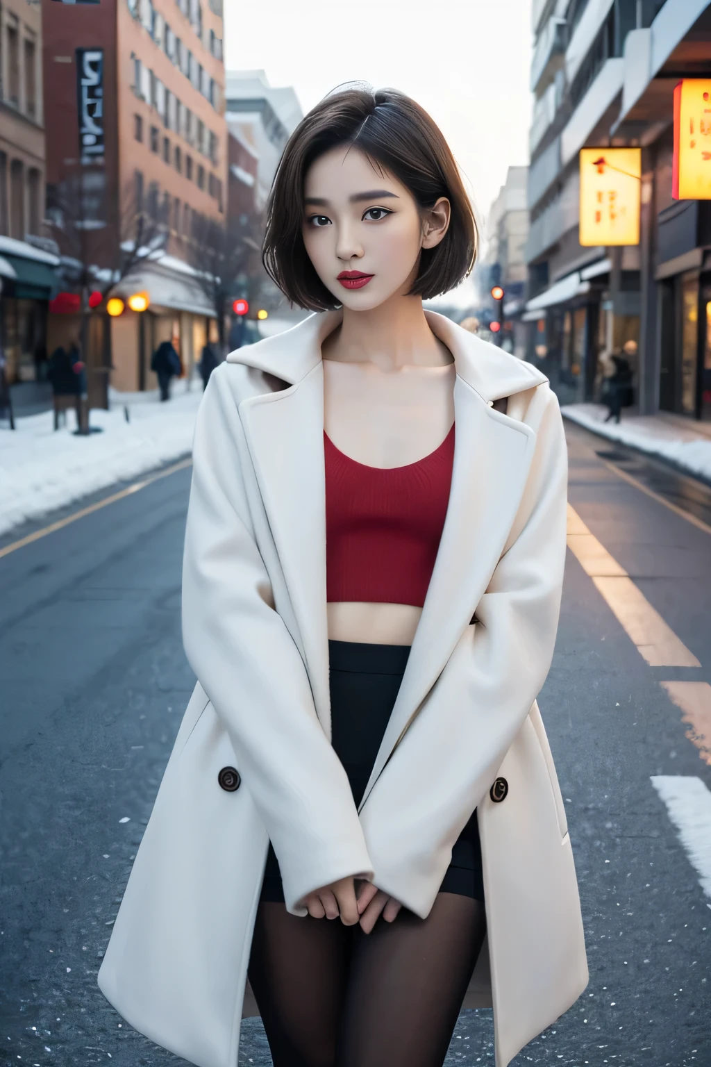 best quality, 4K, 8k, Delicate face, Clear face, pretty girl, Korean makeup, Red lips, lol, Perfect body,Short straight hair at the shoulders,Small Breasts,thigh,Slim,Thin, The girl wore a long and wide coat, Under the jacket is a top and pantyhose, Lower abdomen, Snow Scene, winter, street,