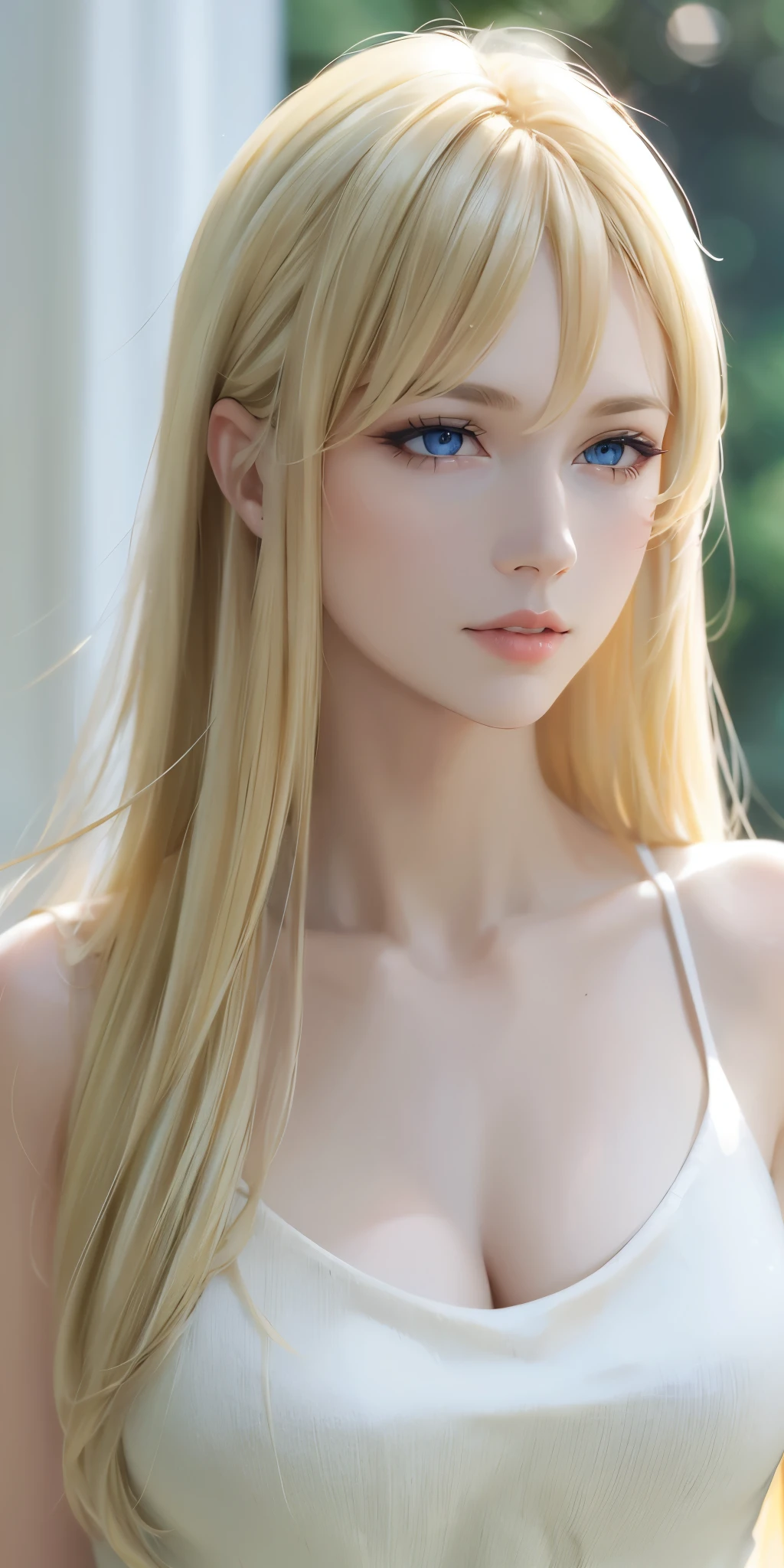 Elegant adult woman, long neck, long blonde hair, bangs, casual clothes, cleavage, soft light, high quality, 4k resolution