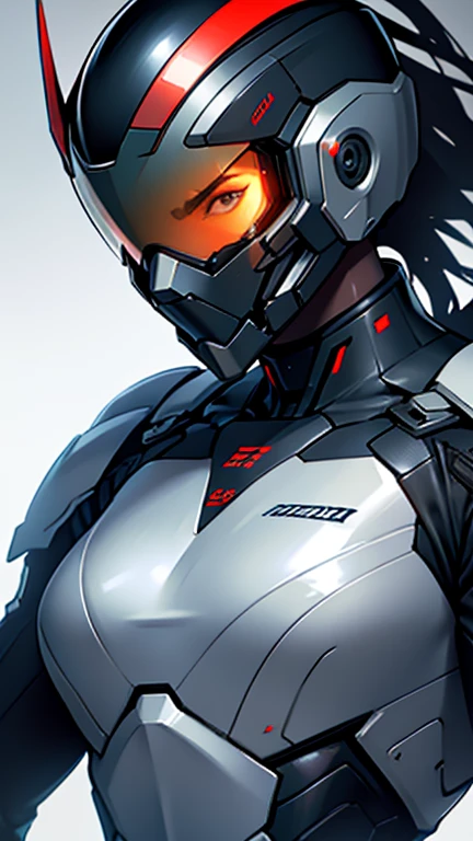 Mobile cybernetic battlesuit for female with closed full-face helmet looking at camera with guns detailed muscles realistic masterpieces dynamic poses 