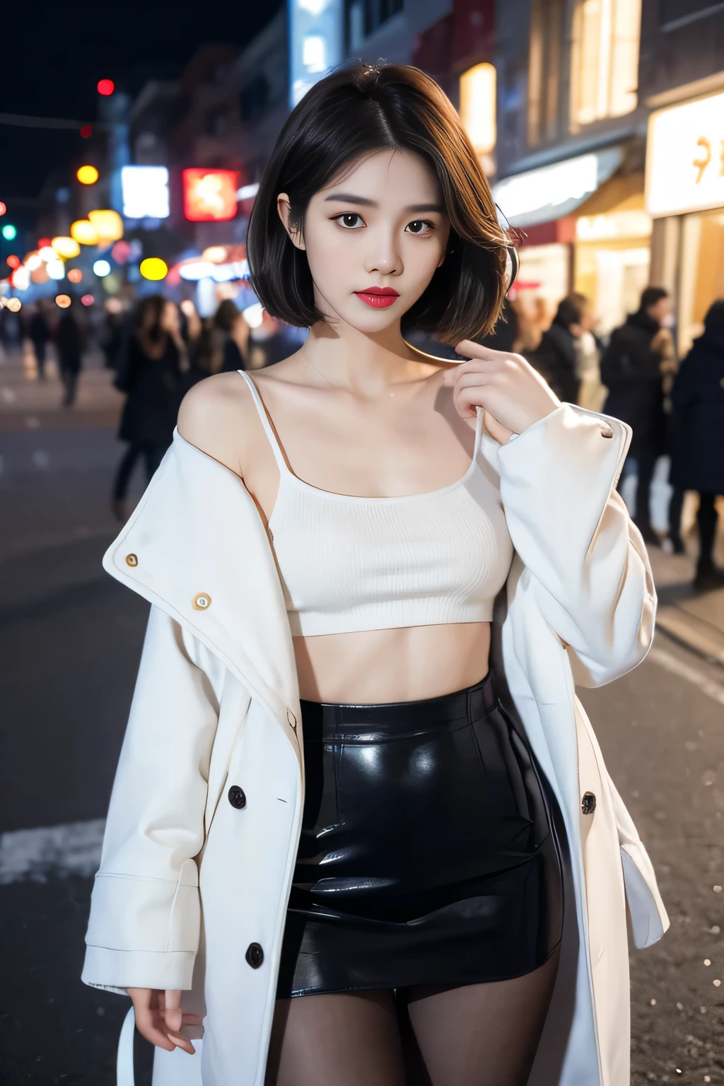 (in 8K、Raw photography、 Highest Quality、 realisitic、Photorealsitic、Professional Lighting、masterpiece、extremely delicate and beautiful、Highly detailed、finely detail、ultra-detailliert、hight resolution、Textured skin)、1womanl、Solo、beautiful model、panties aside、White lace panties、Beautiful face:2、Cameltoe、Bare legs、makeup、lip stick:1.1、eye line、mascara、eyeshadows、Brown hair、Gold wavy hair、Hair over one eye、slender、tall、small tits、jaket、a miniskirt、high-heels、Open terrace seating at the coffee shop、From below、ceiling、At SFW