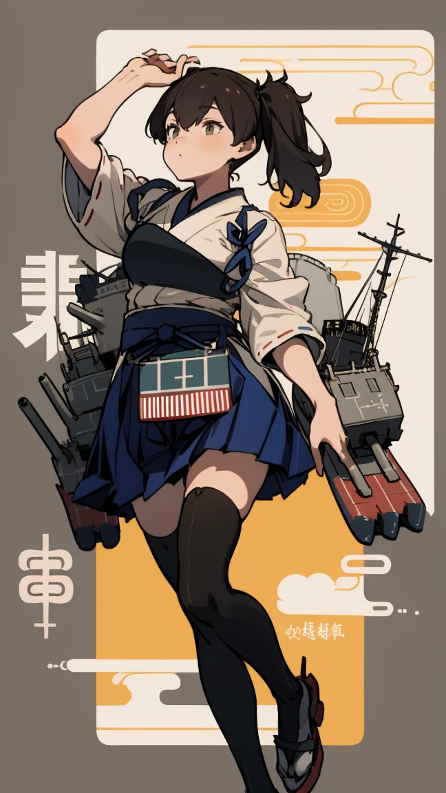(masterpiece, highest quality) detailed, kaga (kancolle), {{kaga kai ni (kancolle)}}, side ponytail, brown eyes, black long hair, black thighhighs, short skirt, hakama skirt, japanese clothes, , blue hakama, hakama, muneate, tasuki, whole body,Chinese element pattern,thigh,Japanese bow, bow