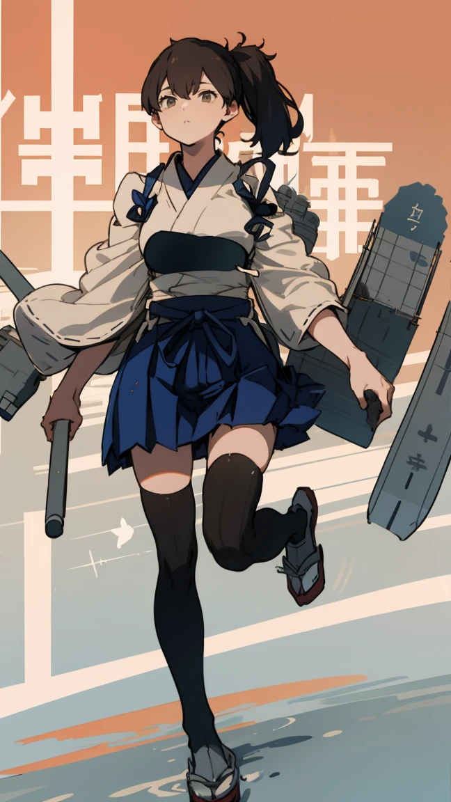 (masterpiece, highest quality) detailed, kaga (kancolle), {{kaga kai ni (kancolle)}}, side ponytail, brown eyes, black long hair, black thighhighs, short skirt, hakama skirt, japanese clothes, , blue hakama, hakama, muneate, tasuki, whole body,Chinese element pattern,thigh, Japanese bow