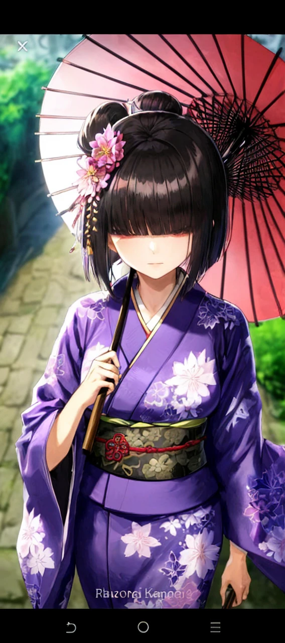 Purple kimono, black short hair, bangs covering her both eyes 