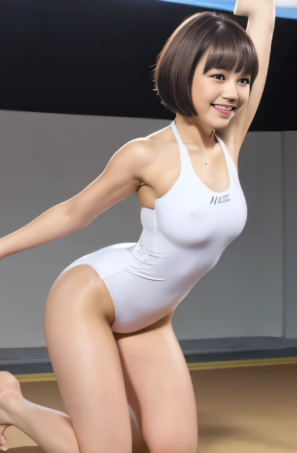 highest quality、Complete limbs、Full Finger、Slender beauty、(White competitive swimsuit:1.3)、(Brown Hair:1.3)、Black bob cut hair、(Beautiful big breasts:1.3)、Inside the gym、Gymnastics Stadium、Gymnastics、smile、Sexy pose、Spread your legs, Shiny plastic, Shiny metallic skin, Glow Color、squat, Spread your legs,Camel'With toe