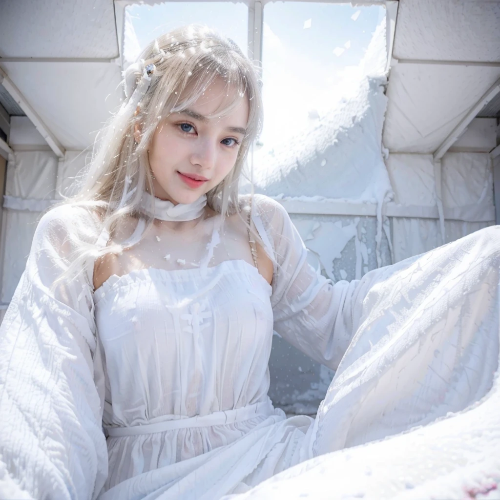 Princess in white sheer dress relaxing in white snow, conquering the mountain snowy peak with sparkling eyes and a bright smile, right hand holding an AK-47 gun, view from the sky, masterpiece, 8K, 