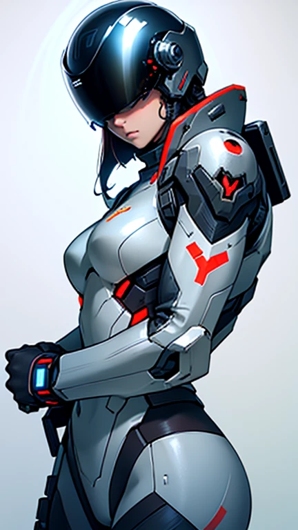 Mobile cybernetic battlesuit for female with closed full-face helmet looking at camera with guns detailed muscles realistic masterpieces dynamic poses 