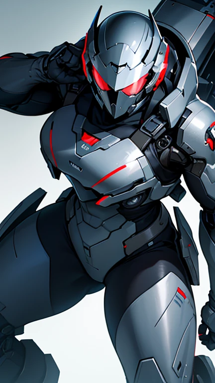Mobile cybernetic battlesuit for female with closed full-face helmet looking at camera with guns detailed muscles realistic masterpieces dynamic poses