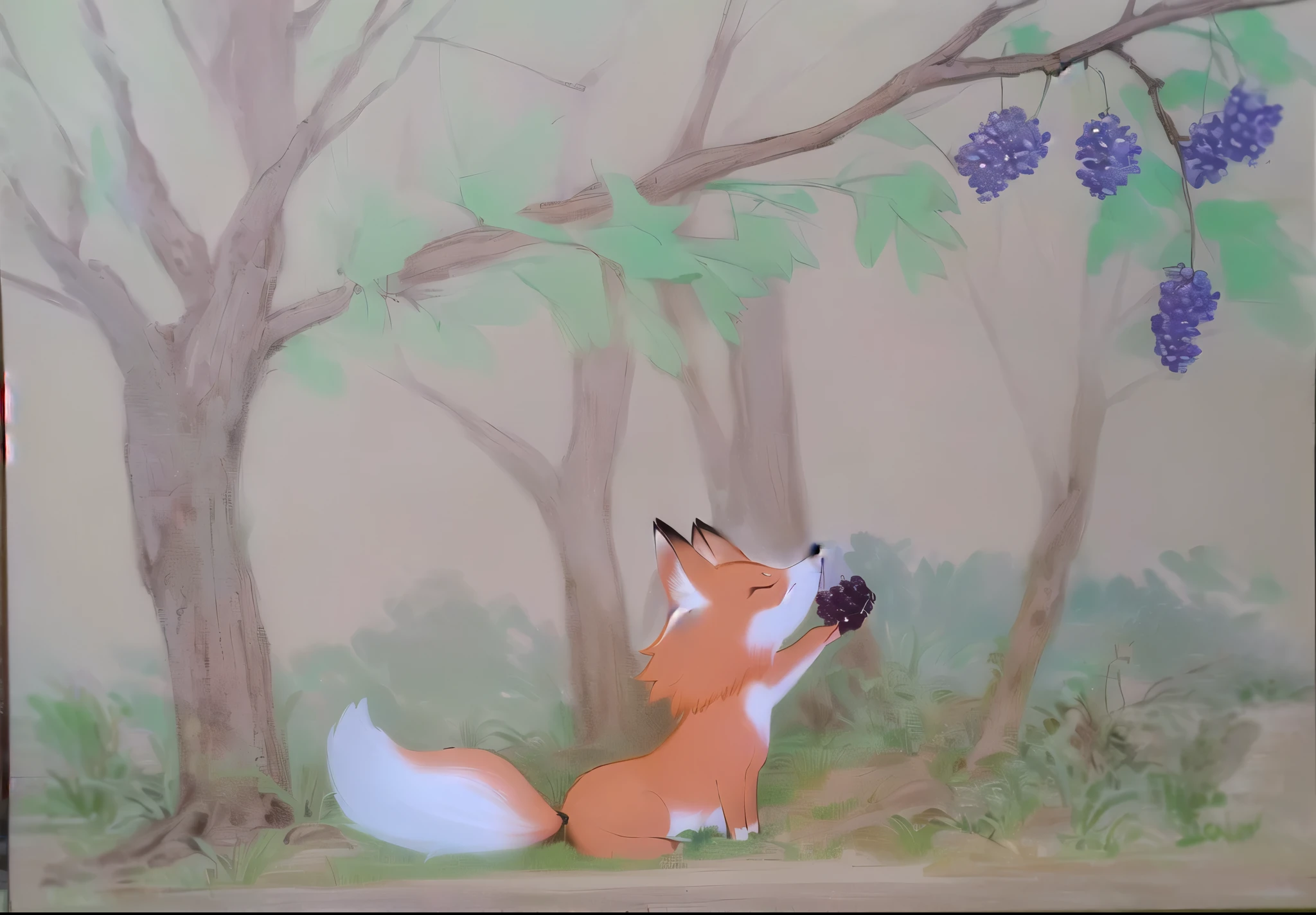 painting of a fox reaching a tree with grapes, raposa caprichosa, brincando com raposas, inspirado em Will Barnet, brincando com uma raposa, an anthropomorphic fox, anthropomorphic fox, desenho de livro , Raposas brincando em um prado, inspirado em George Stubbs, inspirado em Caspar Wolf, illustration , illustration de livro