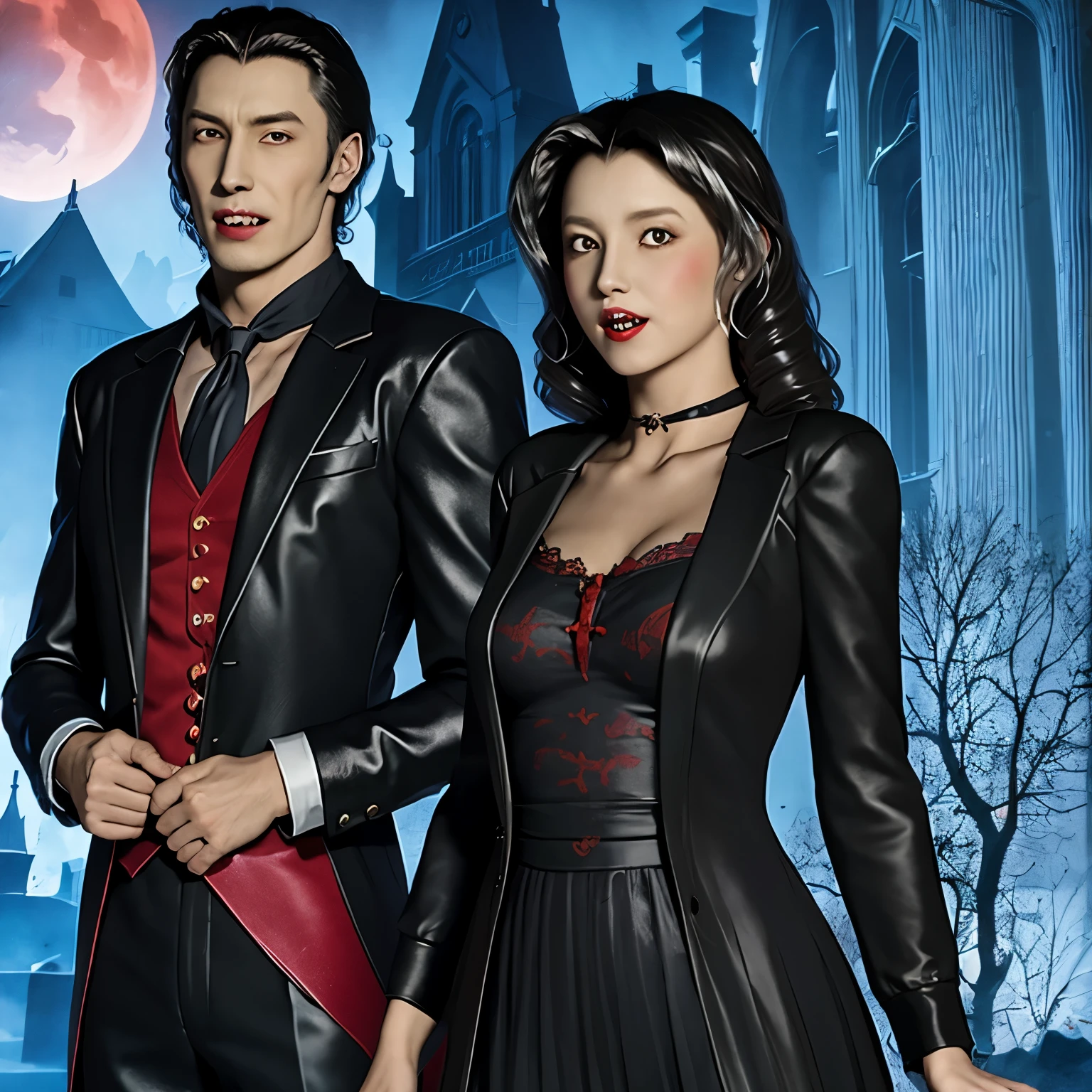 arafed woman in a dress and a vampire man in a suit, vampire fashion, vampires fantasy, Gothic romance, vampires, vampire, Emma Andievska, Dark romance, Galen Dala, Dracula, scary vampire, Eddie Zandt, by Mika Klein, count Dracula, victorian vampire, carmilla vampire, woman vampire