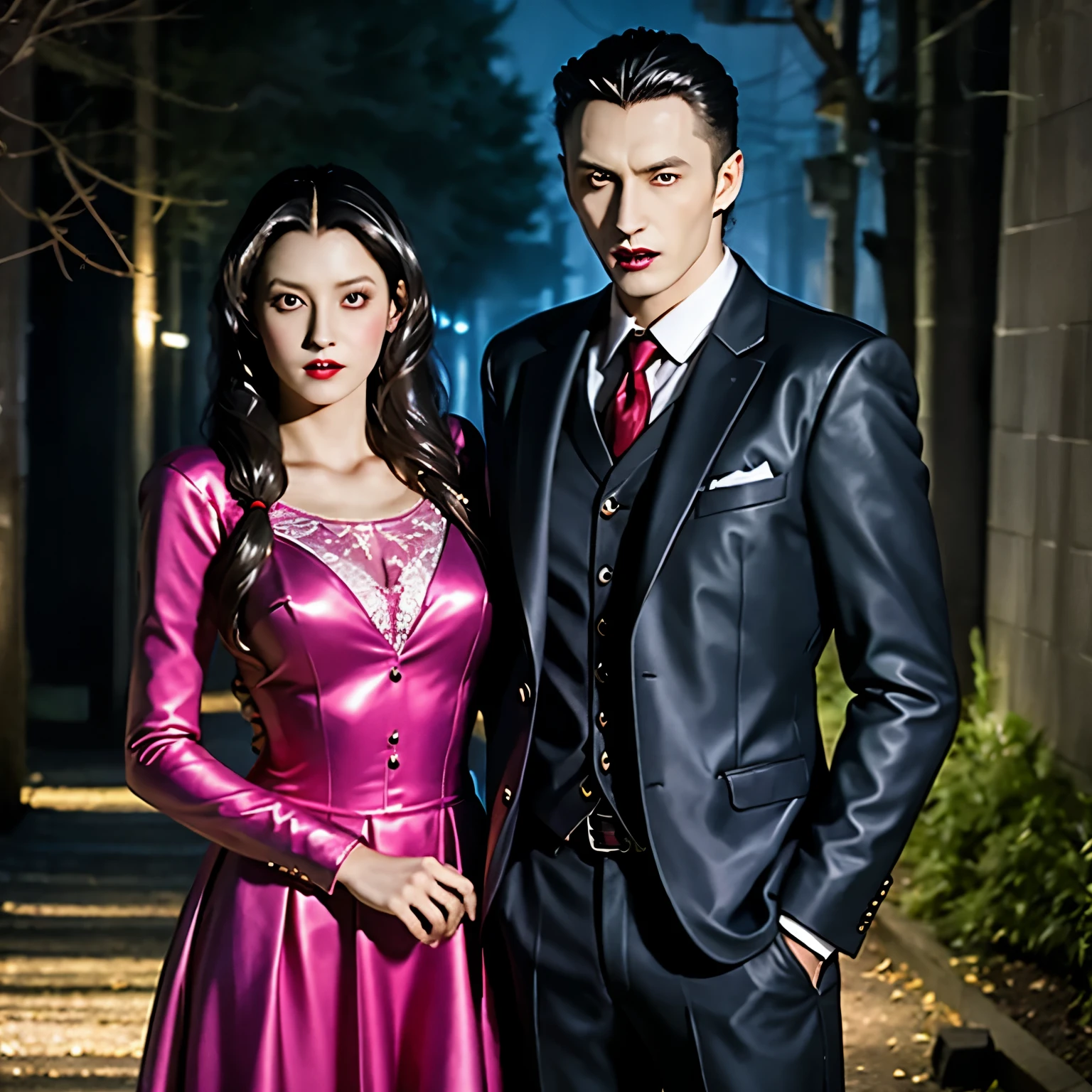 arafed woman in a dress and a vampire man in a suit, vampire fashion, vampires fantasy, Gothic romance, vampires, vampire, Emma Andievska, Dark romance, Galen Dala, Dracula, scary vampire, Eddie Zandt, by Mika Klein, count Dracula, victorian vampire, carmilla vampire, woman vampire