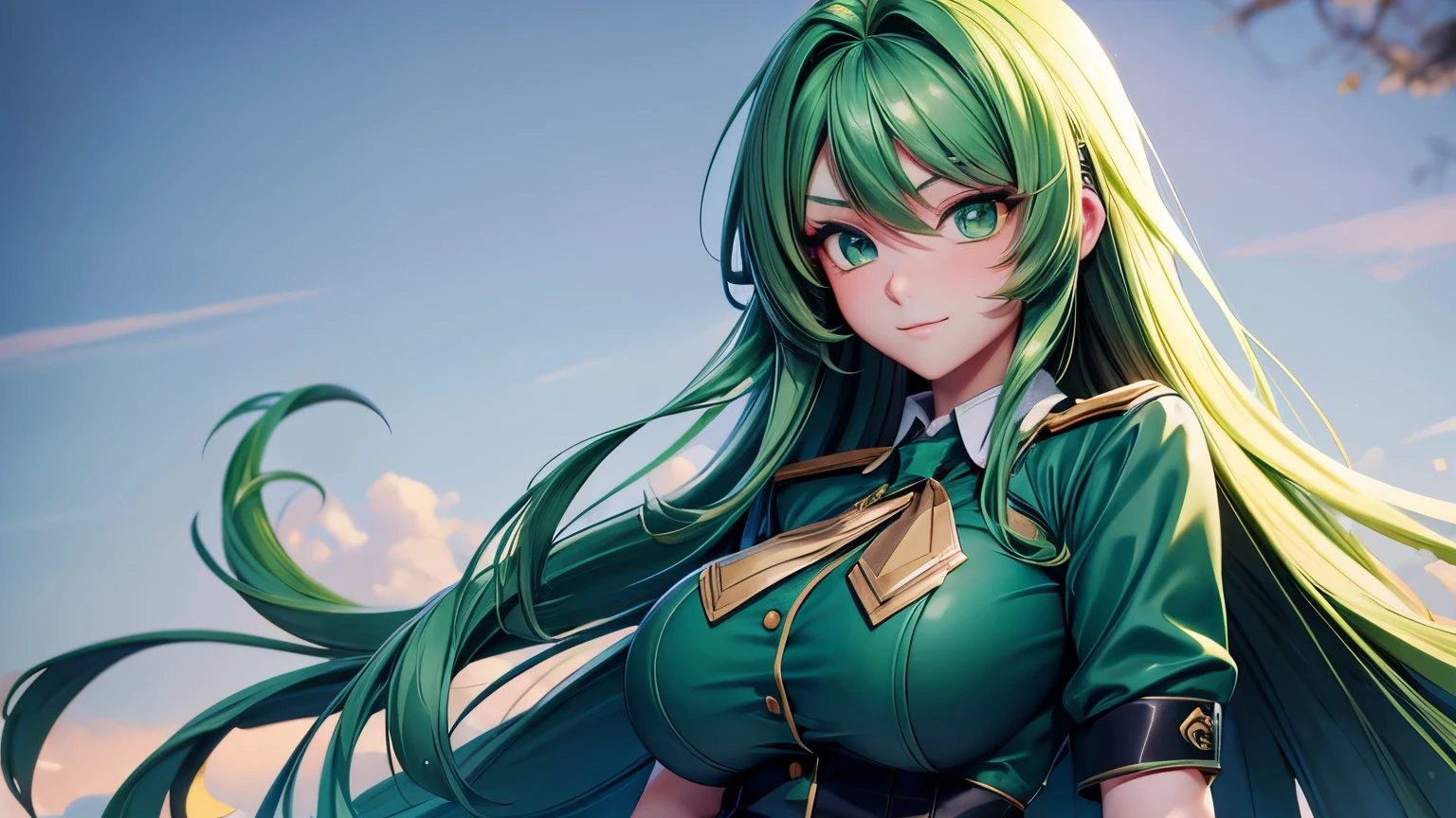 Extremely beautiful girl, green hair, long hair, bright green eyes, Green high school girl uniform, huge breasts, Tugging a guy's arm seductively, good quality, masterpiece, Beautiful eyes, Detailed eyes, Big eyes, Visual novel game style