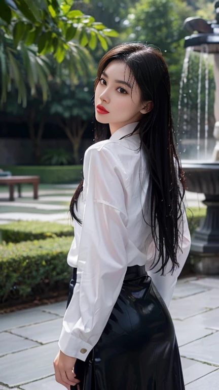 top Quority,Ultra-clear resolution, (Chinese girl's. ). Body. Sexy. Slim. Thin. exciting. (((Make-up face. Orange lipstick))). long black hair. Necklace. ((Wet wrap long skirt. White button-up shirt. Long Sleeve))). heavy rain. Erotic stand. looking back. sexy ass. sexy ass. visible from behind. small thigh circumference. visible from behind. shot from the back angle. heavy rain. water fountain in the garden