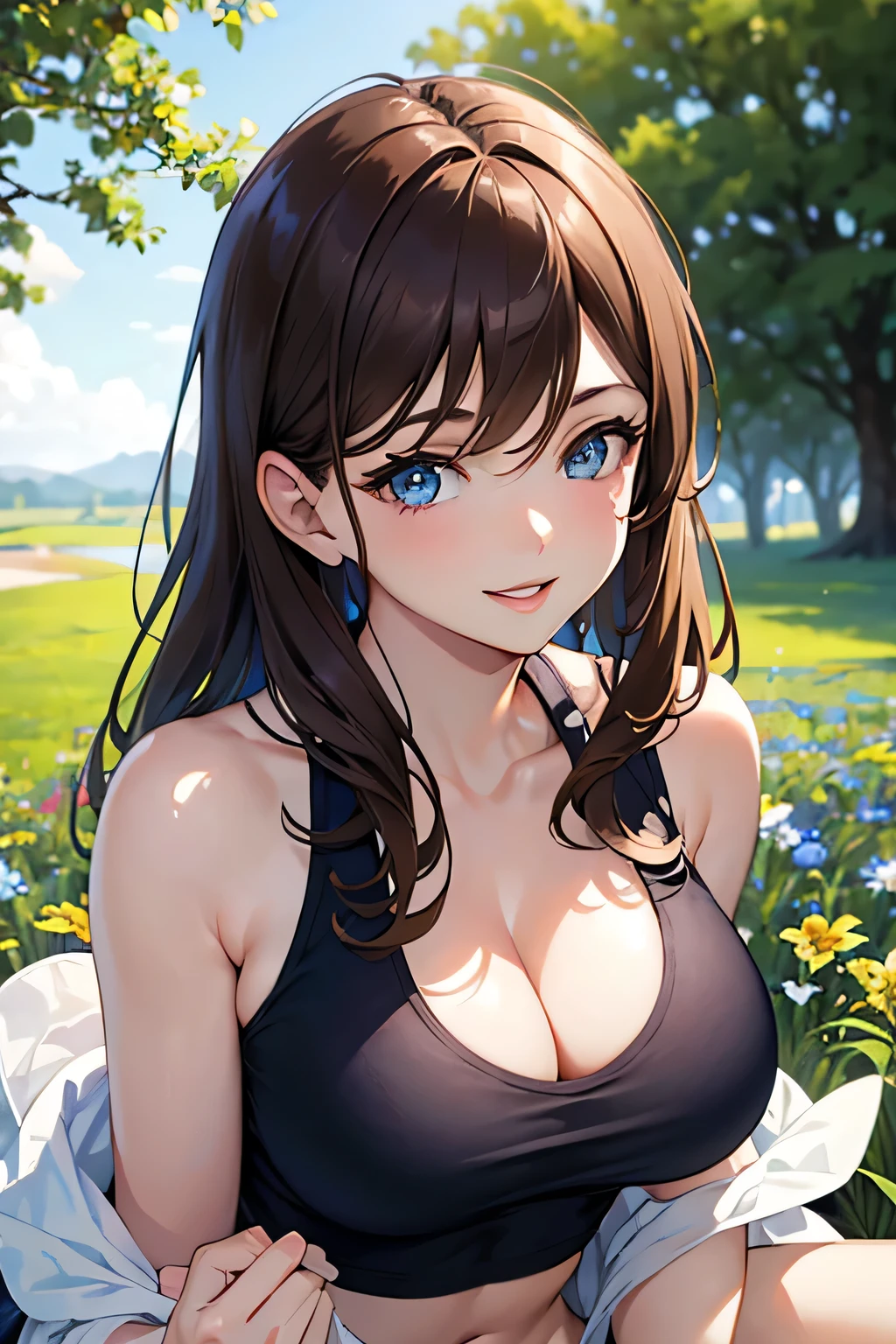 masterpiece, best quality), intricate details, beautiful 30 year old woman, Brown hair, pale skin, blue eyes, sharp jawline, skimpy blue tank top, pretty lips, upper body, close up, smile, big breasts, cleavage, sunny field