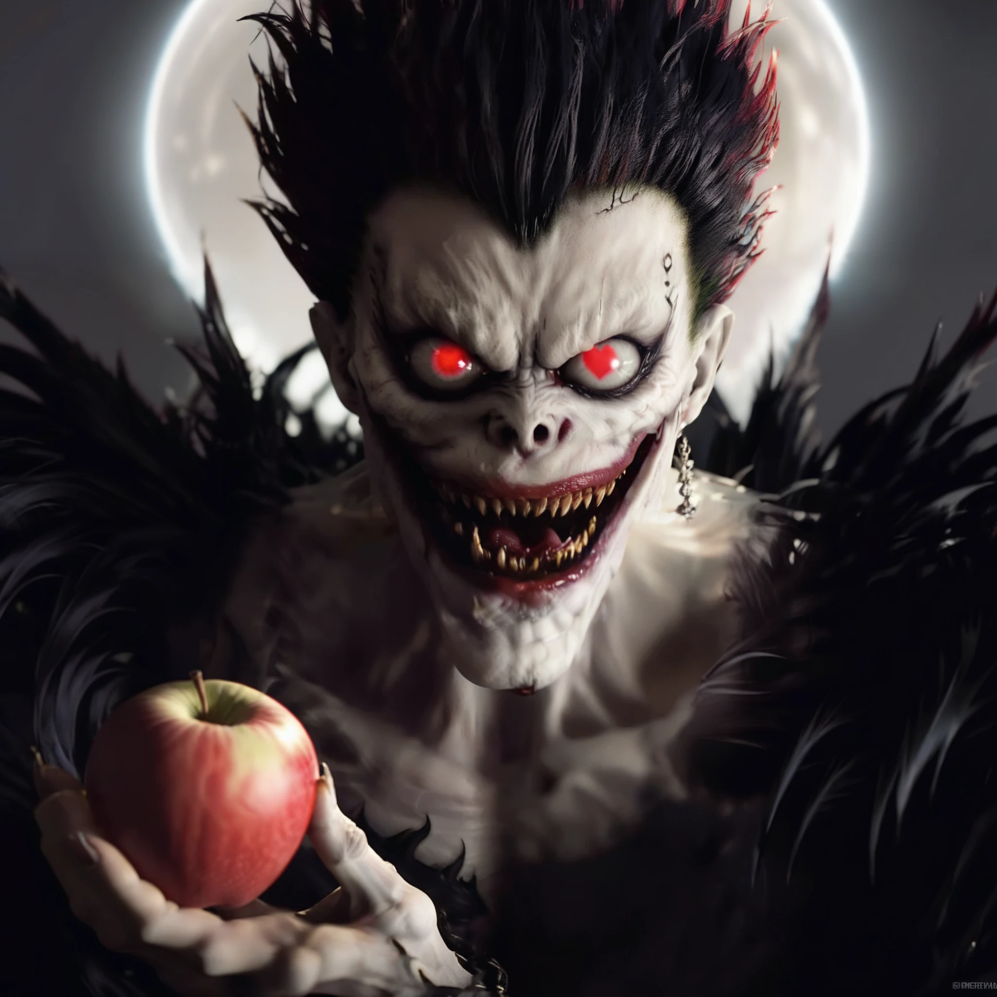 Ryuk1024, a demon, eating a red apple, highly detailed, photography, ultra sharp, film, bokeh, professional, on a white background