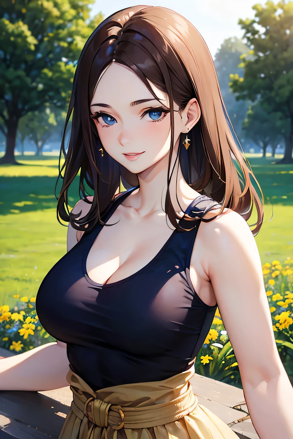 masterpiece, best quality), intricate details, beautiful 30 year old woman, Brown hair, pale skin, blue eyes, sharp jawline, skimpy blue tank top, pretty lips, upper body, close up, smile, big breasts, cleavage, sunny field