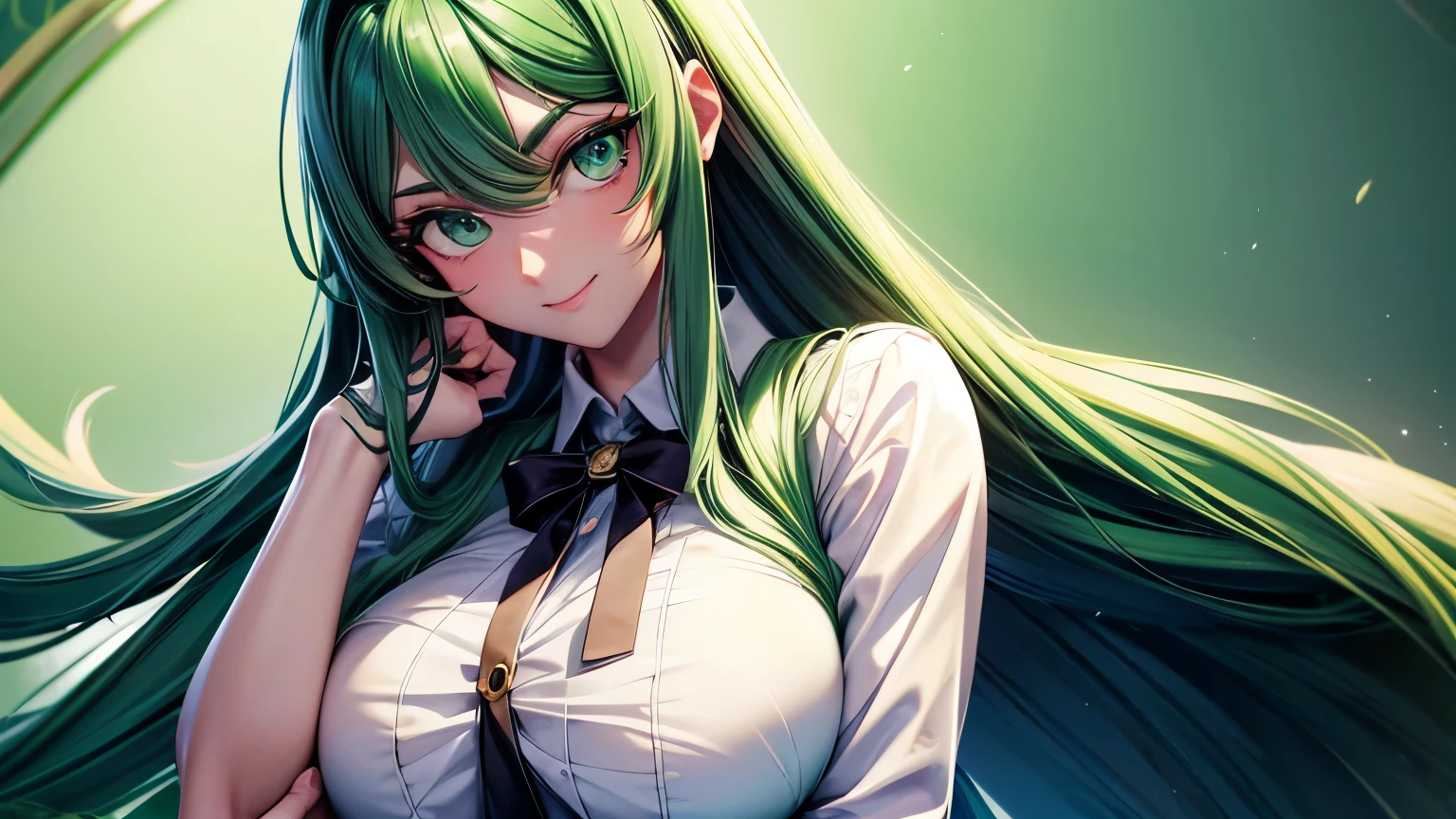 Extremely beautiful girl, green hair, long hair, bright green eyes, Green high school girl uniform, huge breasts, Tugging a guy's arm seductively, good quality, masterpiece, Beautiful eyes, Detailed eyes, Big eyes, Visual novel game style