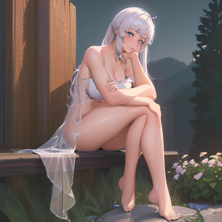 (best quality,4k,8k,highres,masterpiece:1.2),ultra-detailed,(realistic,photorealistic,photo-realistic:1.37),illustration,soft lighting,a girl with white hair,deep purple eyes,glowing eyes,sitting down,barefoot,face blushing,in a garden at night,flowers.