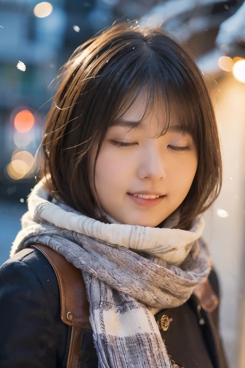 ((No makeup、close your eyes:1.2))、(realistic、Photoreal、super detailed、best detailed skins、highest quality、masterpiece、Super high resolution)、cute japanese woman、17 years old、high school girl、young girl、1 girl、have bangs、double eyelid、drooling eyes、Japanese style face、purity、double teeth、realistic skin type、fluffy hair、((hair is inside the scarf:1.3))、red cheeks、the wind is blowing、It's snowing、day light、