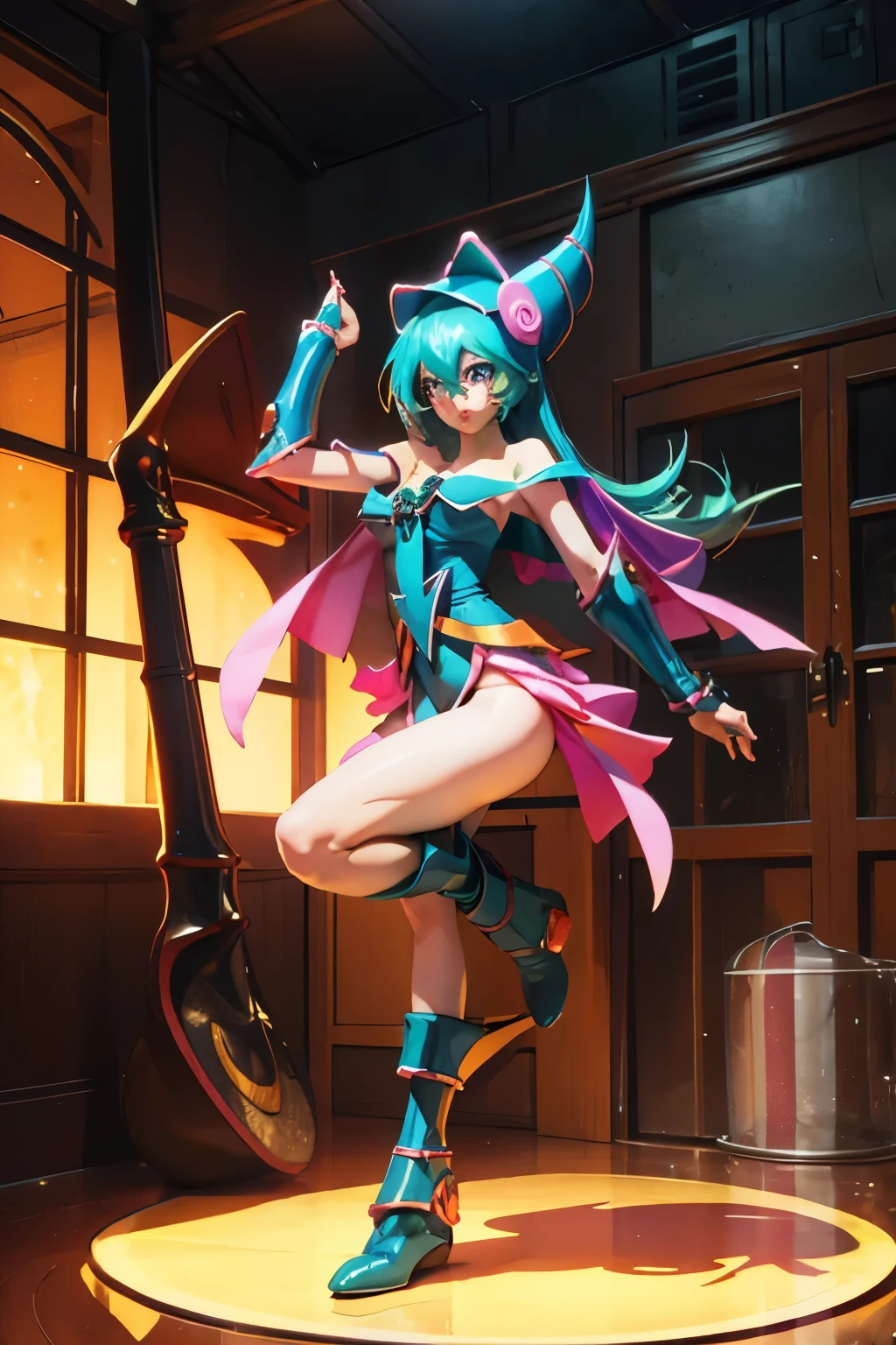 Hatsune Miku disfrazada de dark magician gils. Pose sensual y seductora. Fondo de magia 