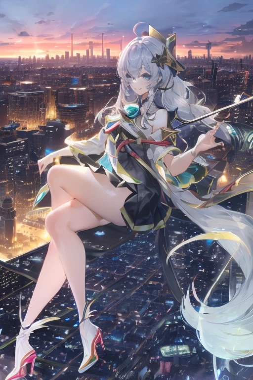 official art, masterpiece, Sharp focus, (Beautiful, gorgeous and cute Korean woman:1.3), (beautiful and cute korean:1.3), Korean beauty, Exquisite and beautiful hair、Eyes and face, Practical, Ultra Detailed, beautiful girl, Blue sky, Glowing white particles, (Side Light:1.2), Sunlight, Baiyun, Detailed clouds, slim, Very cute big  and big butt, Smile with teeth bared, ((Smile with your eyes, Open your eyes)), landscape, Long and straight hair, Sexy facial expressions, architecture, (city View:1.7), Dynamic Hair, very Long and straight hair, Delicate platinum silver hair, Green eyes, Pink skirt, Black socks, Pale skin, Hair accessories, epic landscape,，White high heels，Nice butt，Beautiful buttocks，Nothing under the skirt，Weight loss