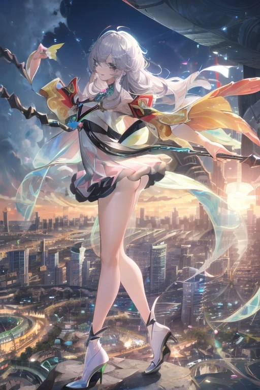 official art, masterpiece, Sharp focus, (Beautiful, gorgeous and cute Korean woman:1.3), (beautiful and cute korean:1.3), Korean beauty, Exquisite and beautiful hair、Eyes and face, Practical, Ultra Detailed, beautiful girl, Blue sky, Glowing white particles, (Side Light:1.2), Sunlight, Baiyun, Detailed clouds, slim, Very cute big  and big butt, Smile with teeth bared, ((Smile with your eyes, Open your eyes)), landscape, Long and straight hair, Sexy facial expressions, architecture, (city View:1.7), Dynamic Hair, very Long and straight hair, Delicate platinum silver hair, Green eyes, Pink skirt, Black socks, Pale skin, Hair accessories, epic landscape,，White high heels，Nice butt，Beautiful buttocks，Nothing under the skirt，Weight loss