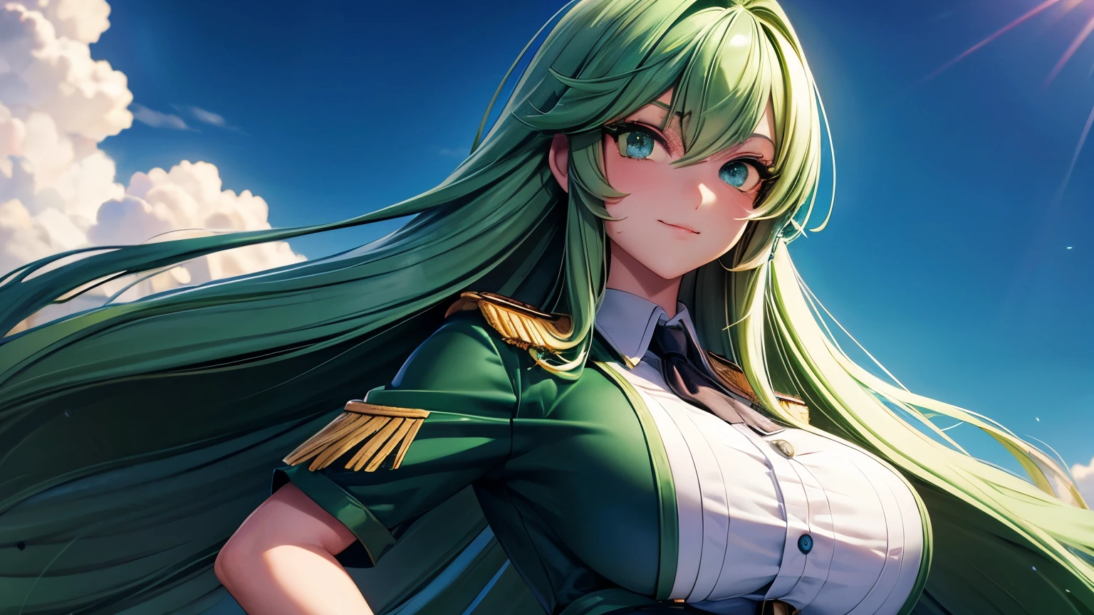 masterpiece, best quality, 1girl, solo, breasts, long hair, green hair, gloves, looking at viewer, fishnet long socks, ahoge, red eyes, black gloves, medium breasts, outdoors, destroyed city, strong standing, serious look, formal suit, sidelocks, day, depressed, cowboy shot, sky, parted lips, wind, cowbell, blue sky, hair between eyes, rope, very long hair, hot body
