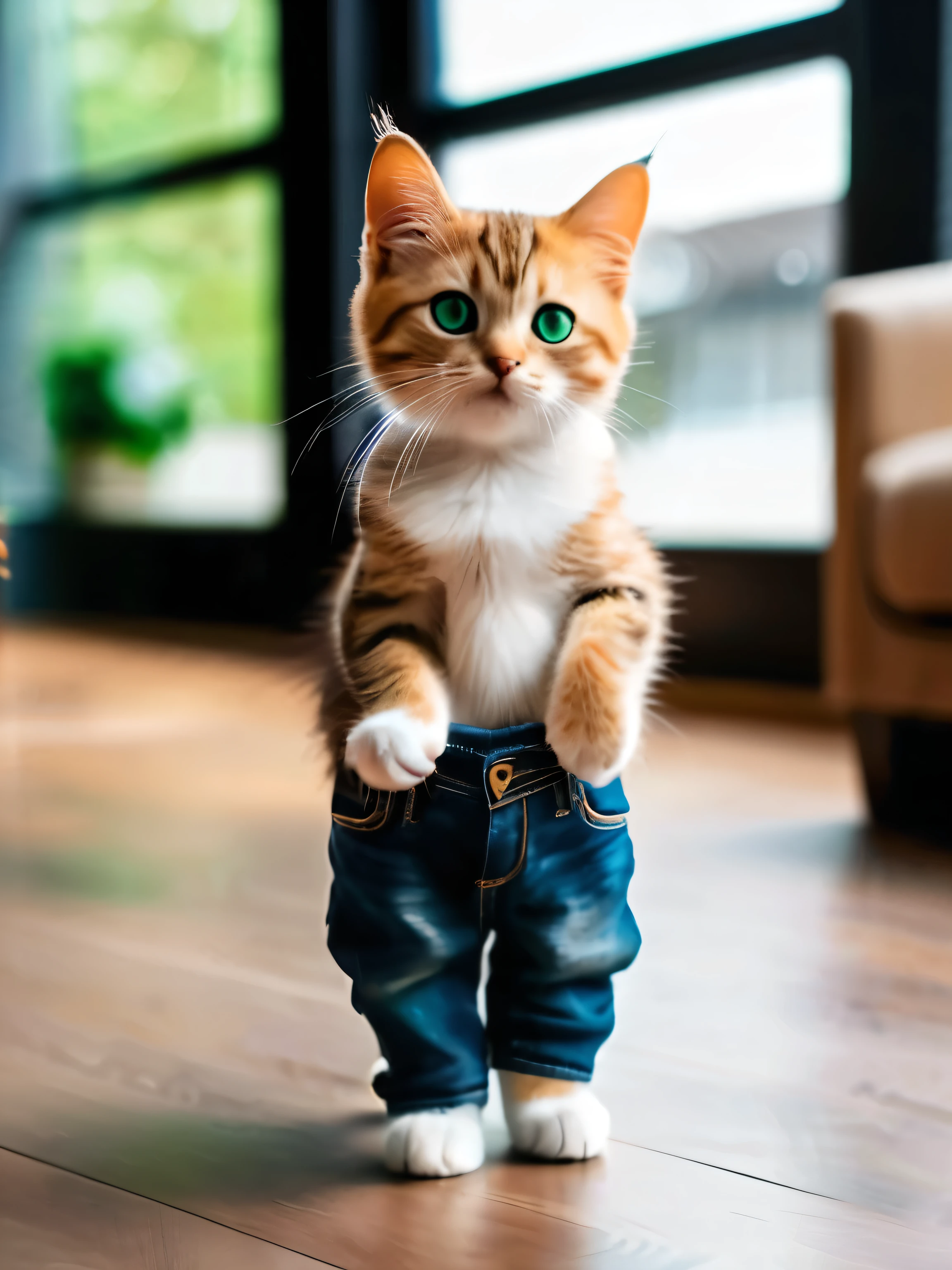 Foto, The cutest cat in blue jeans stands straight like a human with green eyes 8k 