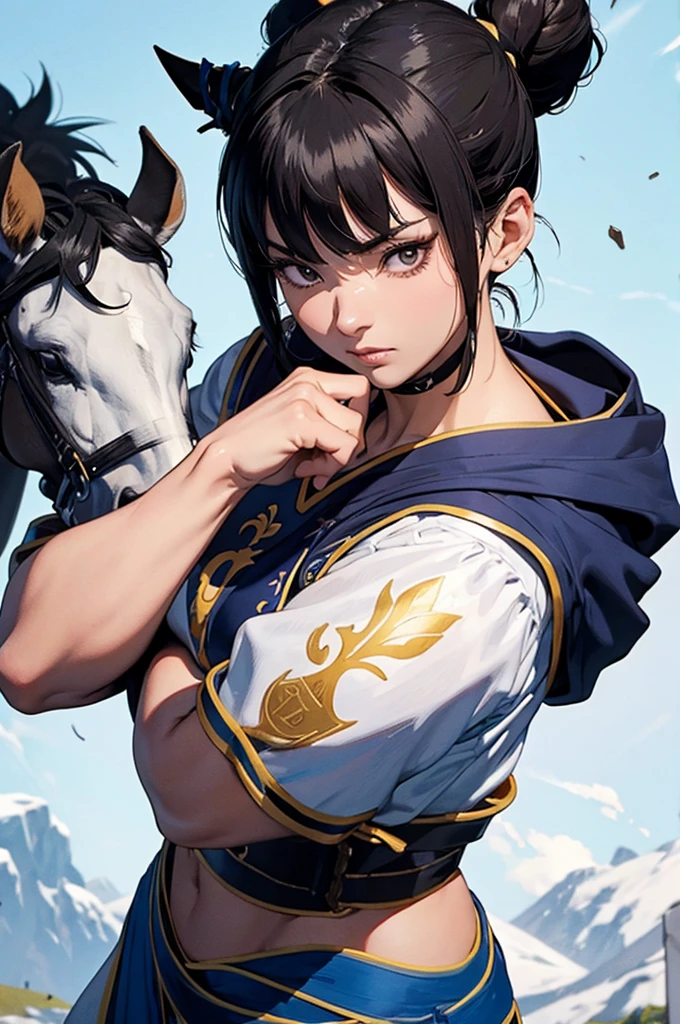 obra de arte, melhor qualidade, chun li, rabo de cavalo, hair tie, moletom azul, black sweatpants, olhando para o espectador, fundo da cidade, tiro de vaqueiro