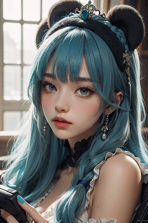 (Raw photo, Best Quality), (Realistic, Photorealsitic:1.3),Best Quality,Highly detailed,masutepiece,Ultra-detailed,Illustration,blue haired cat-eared cat girl, Wear Lolita fashion in light pink color, Japanese girl , frontal face, Dynamic Angle,world masterpiece theater,Messy_long_hair,Best Quality,the Extremely Detailed CG Unity 8K Wallpapers,inky,amazing,Cinematic lighting,lens_f lare, cute idle_Style,