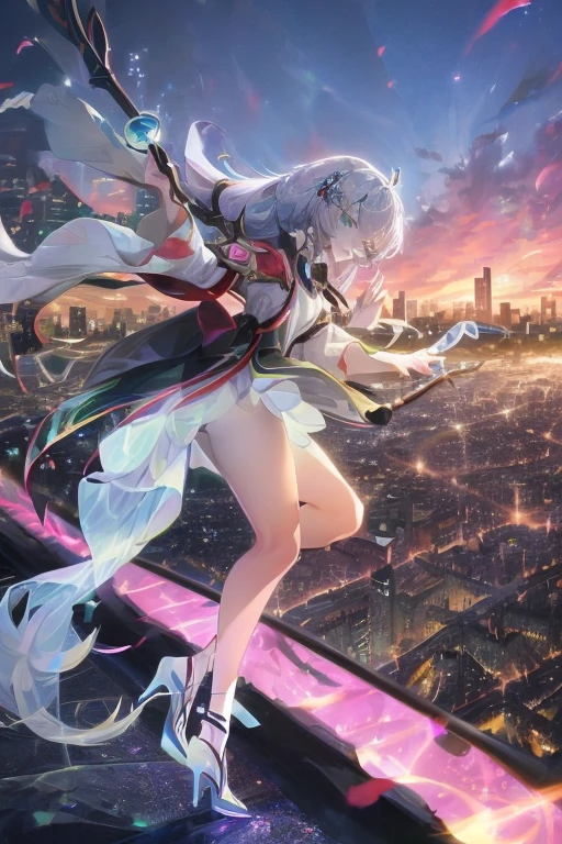 official art, masterpiece, Sharp focus, (Beautiful, gorgeous and cute Korean woman:1.3), (beautiful and cute korean:1.3), Korean beauty, Exquisite and beautiful hair、Eyes and face, Practical, Ultra Detailed, beautiful girl, Blue sky, Glowing white particles, (Side Light:1.2), Sunlight, Baiyun, Detailed clouds, slim, Very cute big  and big butt, Smile with teeth bared, ((Smile with your eyes, Open your eyes)), landscape, Long and straight hair, Sexy facial expressions, architecture, (city View:1.7), Dynamic Hair, very Long and straight hair, Delicate platinum silver hair, Green eyes, Pink skirt, Black socks, Pale skin, Hair accessories, epic landscape,，White high heels，Nice butt，Beautiful buttocks，Nothing under the skirt，Weight loss